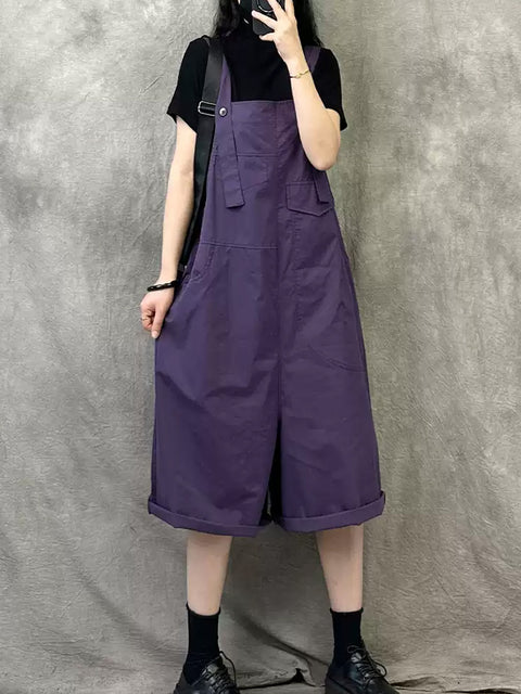 Women Summer Casual Pure Color Cotton Short Jumpsuits