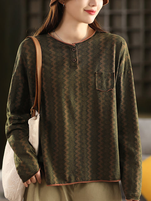 Women Spring Vintage Geometric 100%Cotton O-Neck Shirt