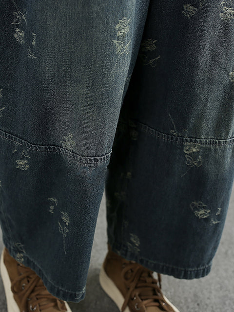 Women Spring Retro Jacquard Denim Spliced Pants