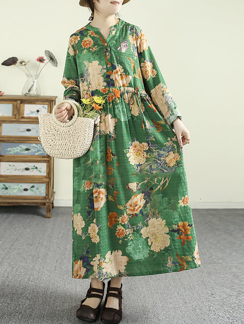 Women Vintage Flower Cotton V-Neck Loose Dress