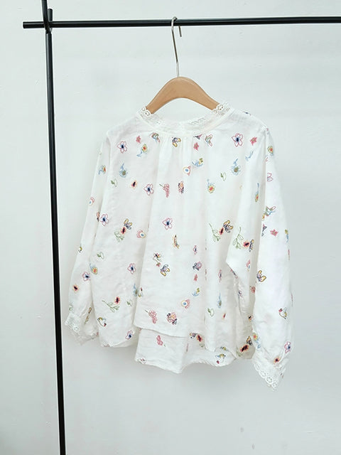 Women Spring Floral Embroidery Ramie Lace Collar Shirt