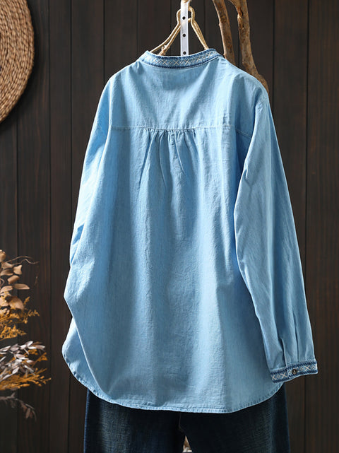 Women Spring Ethnic Embroidery 100%Cotton Denim Shirt