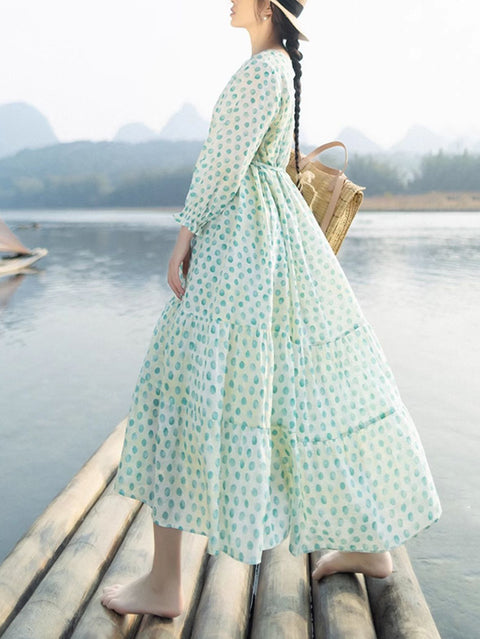 Women Summer Dot V-Neck Linen Loose Dress