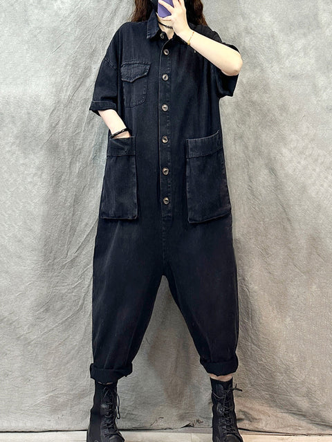 Women Summer Vintage Pure Color Denim Jumpsuits