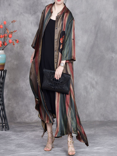 Women Spring Stripe Irregular Hem Stand Collar Long Coat