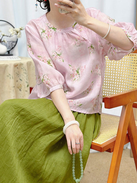 Women Summer Ethnic Flower O-Neck 100%Ramie Shirt