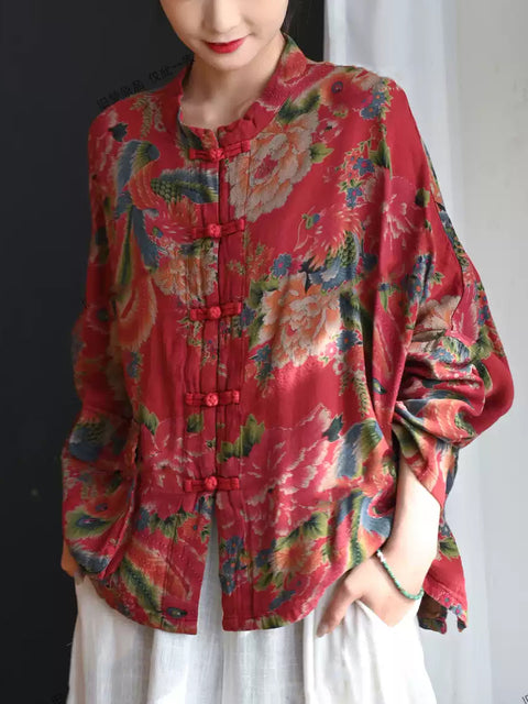 Women Summer Ethnic Flower Stand Collar 100%Cotton Shirt