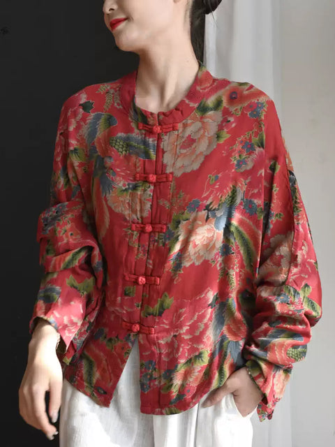 Women Summer Ethnic Flower Stand Collar 100%Cotton Shirt