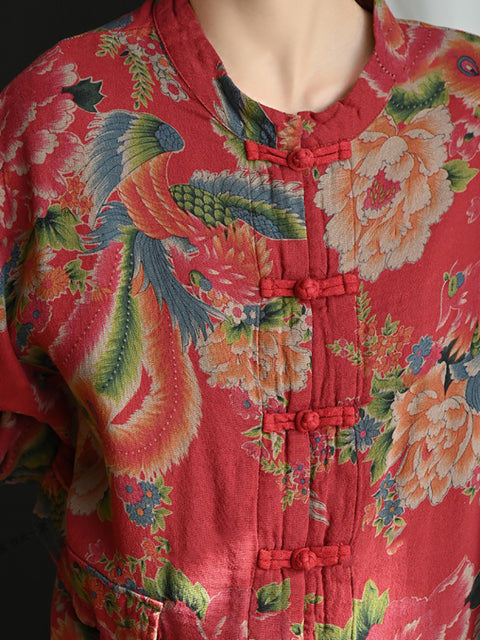 Women Summer Ethnic Flower Stand Collar 100%Cotton Shirt