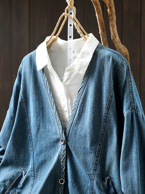 Women Vintage Spring V-Neck Denim Shirt Coat