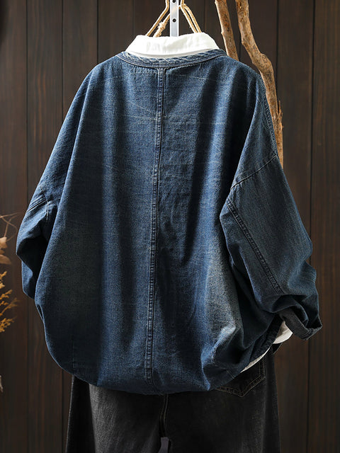 Women Vintage Spring V-Neck Denim Shirt Coat