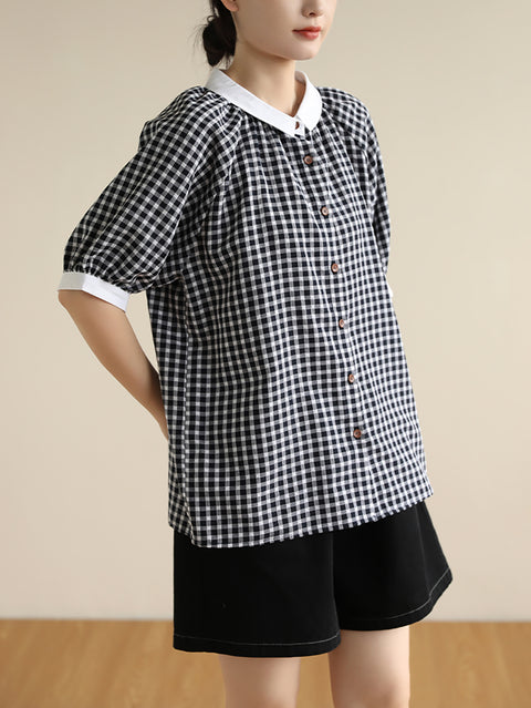 Women Summer Artsy Colorblock Plaid Shirt