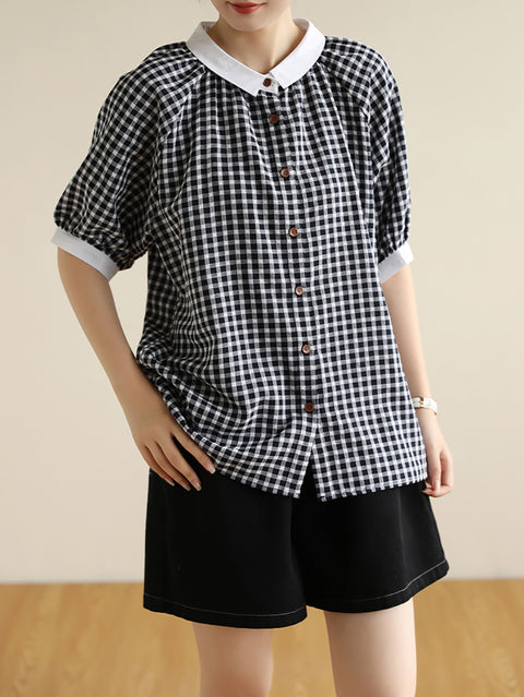 Women Summer Artsy Colorblock Plaid Shirt