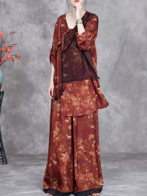 Women Summer Vintage Patchwork V-Neck Loose Suits