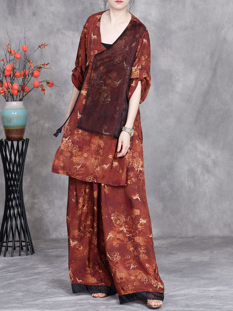 Women Summer Vintage Patchwork V-Neck Loose Suits