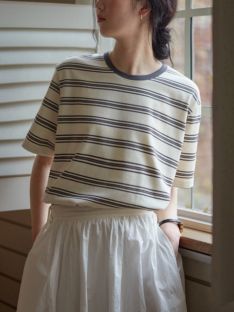 Women Summer Casual Stripe O-Neck Loose Shirt