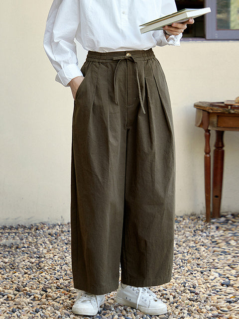 Women Spring Casual Pure Color Cotton Wide-leg Pants