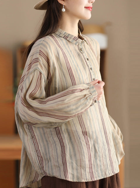 Women Spring Stripe Ramie Loose Linen Shirt