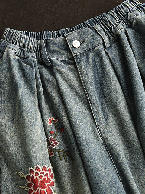 Women Spring Vintage Flower Embroidery Denim Pants