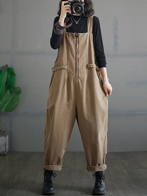 Women Autumn Vintage Zipper Casual Loose Solid Jumpsuits