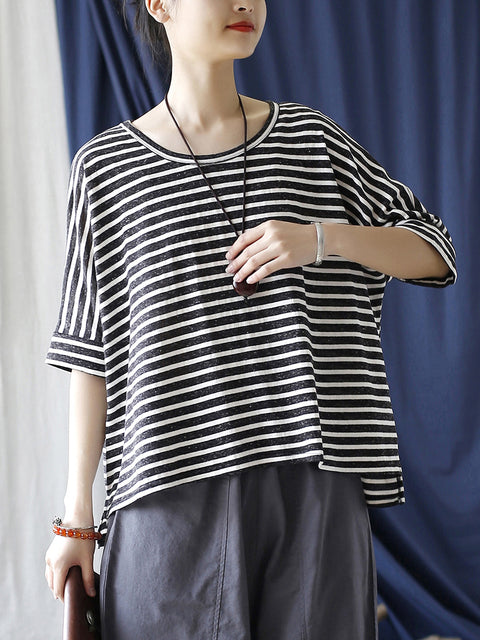 Women Summer Casual Stripe Loose O-Neck Shirt