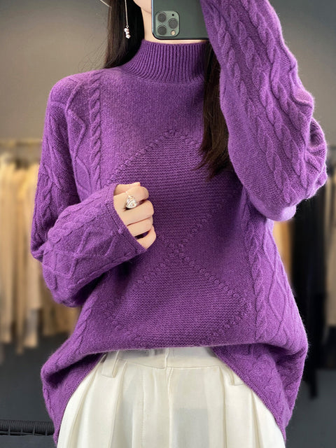 Women Autumn Half Turtleneck Twist Knit 100%Wool Sweater