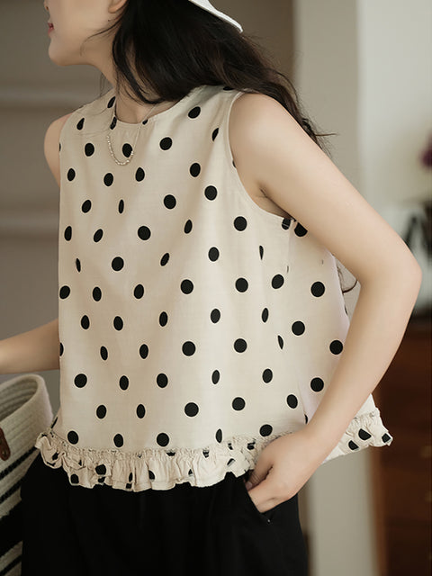 Plus Size Women Casual Dot Lacework Hem Loose Cotton Vest