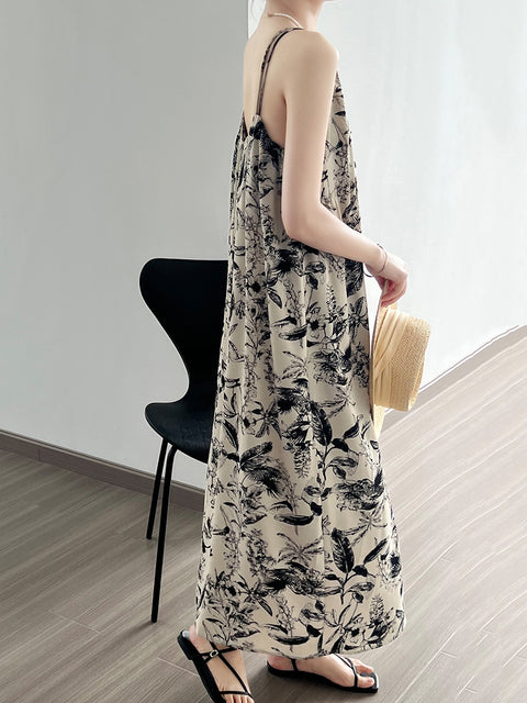 Women Summer Artsy Floral Ink-print Vest Dress