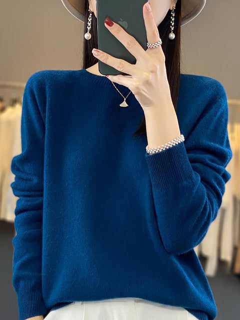 Women Autumn Solid Knit 100%Wool O-Neck Sweater