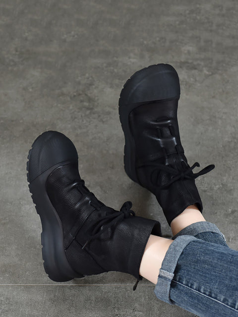 Women Genuine Leather Mid-Heel Martin Boots