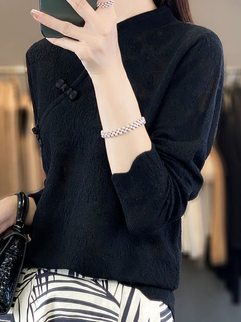 Women Autumn Stand Collar Lace Knit Sweater