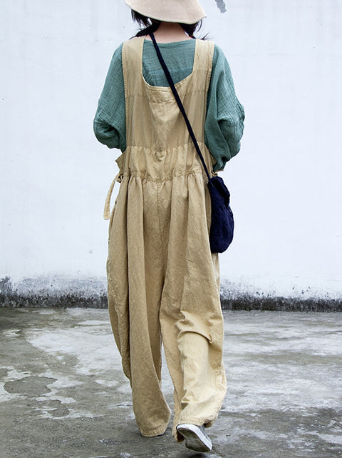 Women Summer Casual Solid Drawstring Pocket Cotton Jumpsuits