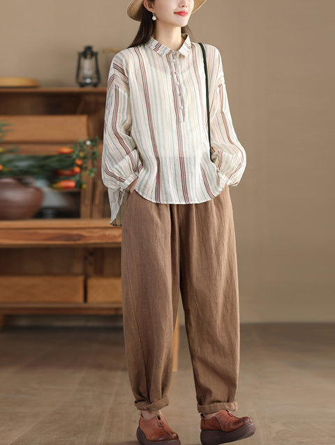 Women Spring Stripe Ramie Loose Linen Shirt