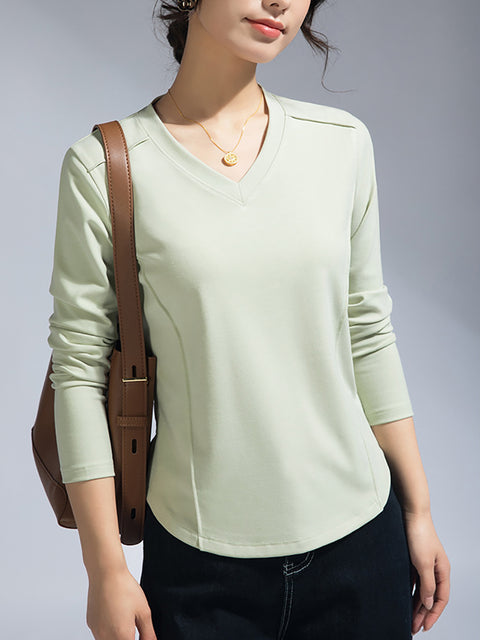 Women Spring Casual V-Neck Pure Color Blouse