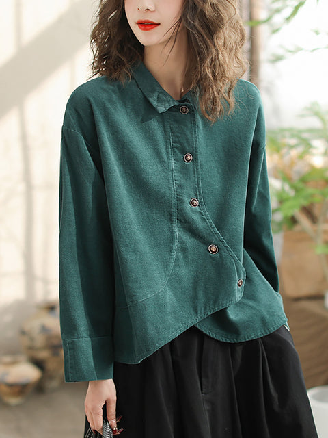 Plus Size Women Vintage Spring Slant-Closure Cotton Solid Shirt