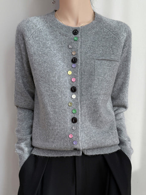 Women Autumn O-Neck Colorful Button Knit Sweater