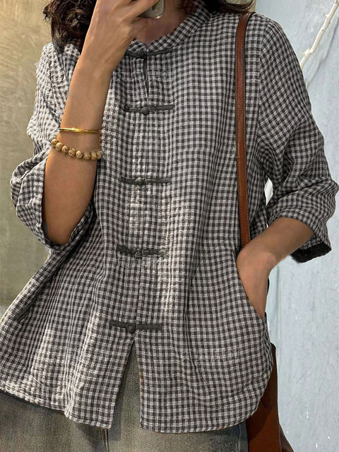 Plus Size Women Retro Plaid Summer Cotton Button-up Shirt