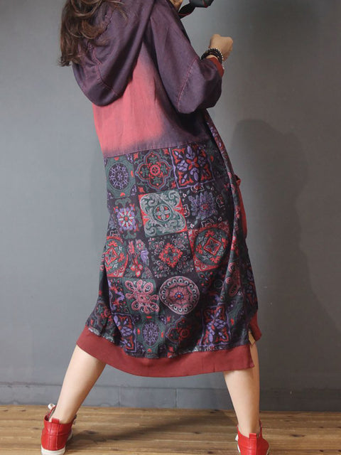 Women Vintage Flower Spliced Loose Hooded Dress