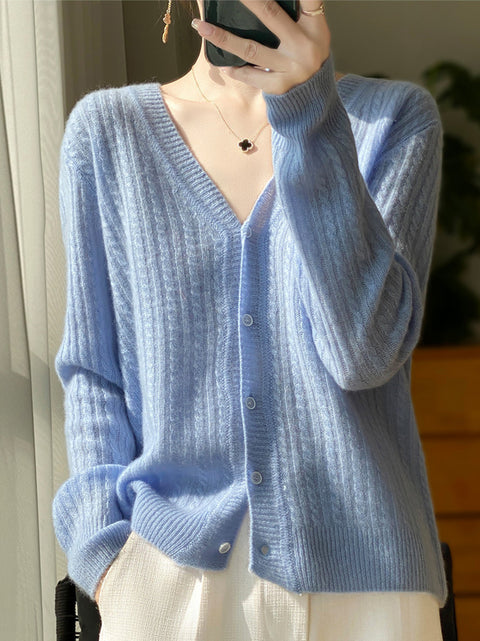 Women Autumn 100%Wool V-Neck Knit Cardigan Sweater