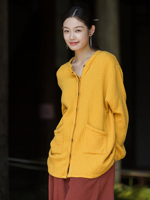 Women Vintage Autumn Solid Cotton O-Neck Shirt Coat