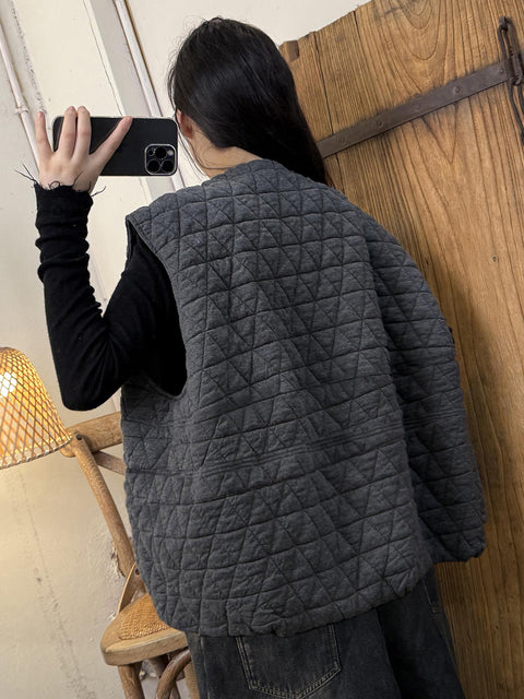 Plus Size Women Retro Solid Rhomboid O-Neck Vest Coat