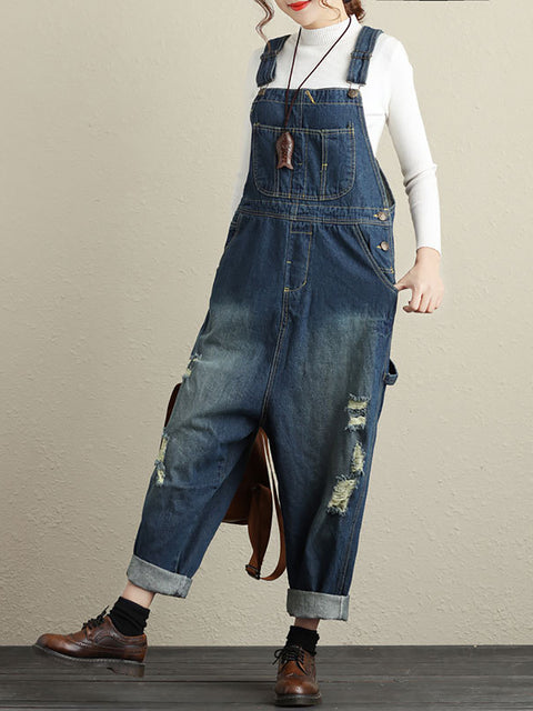 Women Summer Retro Frayed Pocket High-Waist Denim Jumpsuits