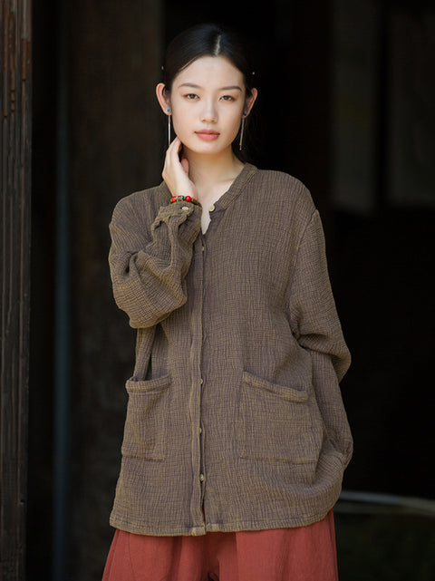 Women Vintage Autumn Solid O-Neck Shirt Coat