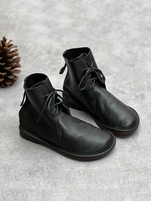 Women Winter Vintage Genuine Leather Drawstring Ankle Boots