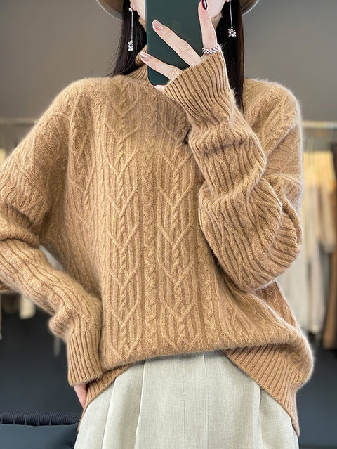 Women Autumn Twist Knit 100%Wool Turtleneck Sweater