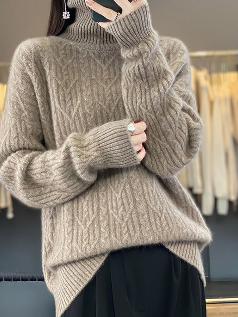 Women Autumn Twist Knit 100%Wool Turtleneck Sweater