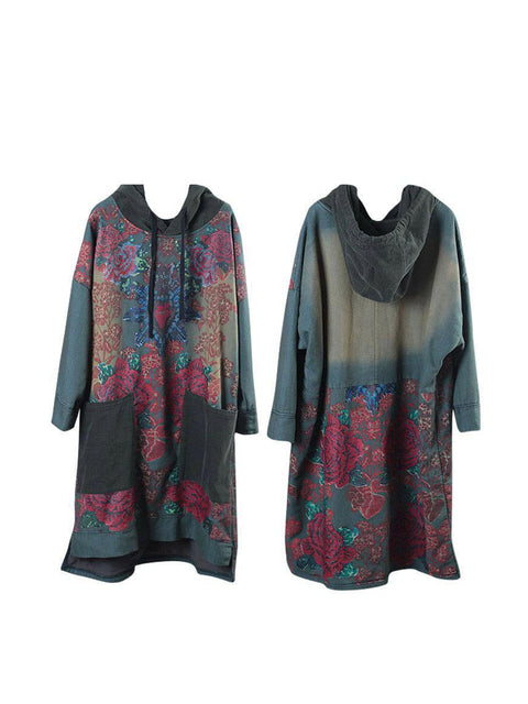 Women Spring Vintage Flower Spliced Hooded Dress