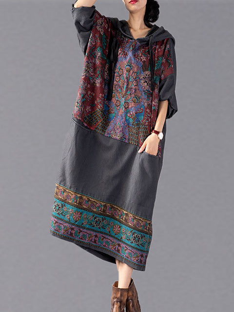 Women Ethnic Flower Spliced Long Pocket Hooded Dress