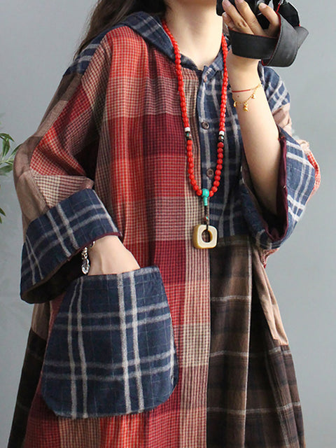 Plus Size Retro Plaid Big Pocket Hooded Dress