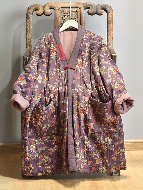 Plus Size - Retro Loose Warm Floral Pocket Coat